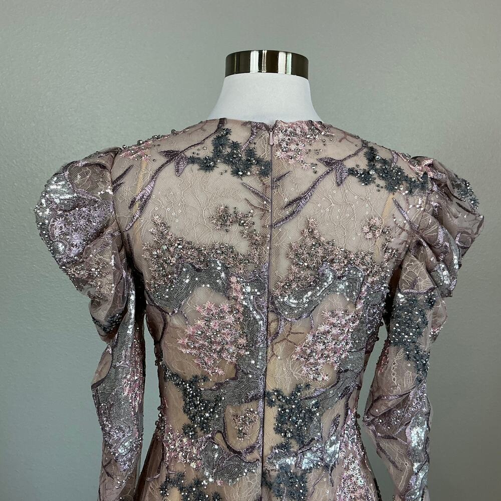 Mac Duggal 20326 Taupe Evening Gown Beaded Lace Long Sleeve Formal Dress Size 8 - Picture 10 of 13